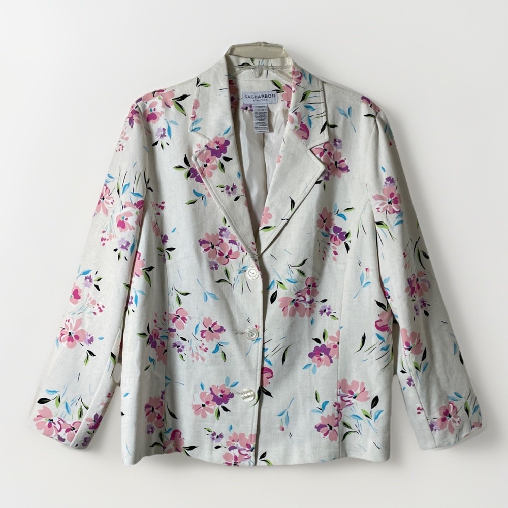 Sag‎ Harbor Women's Size 14 Linen Blend Ivory Pastel Floral Blazer 3 Button